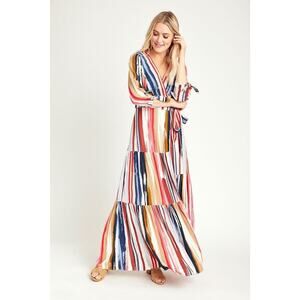 NWT Skies Are Blue Women's Small Paintbrush‎ Striped Tiered Wrap Maxi Dress